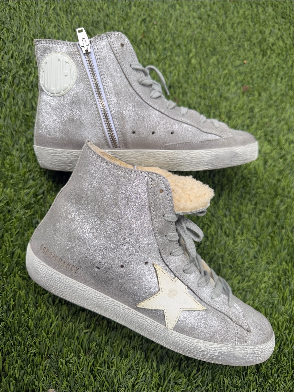 Golden Goose Silver High-Top Sneakers with Star